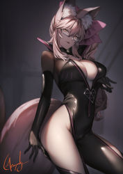 Rule 34 | 1girl, animal ear fluff, animal ears, black bodysuit, bodysuit, bow, breasts, center opening, choker, cleavage, fate/grand order, fate (series), fox ears, fox girl, fox tail, genyaky, glasses, hair between eyes, hair bow, highres, hip vent, koyanskaya (assassin) (first ascension) (fate), koyanskaya (fate), large breasts, long hair, looking at viewer, open mouth, pink bow, pink hair, ponytail, sidelocks, smile, solo, tail, tamamo (fate), thighs, yellow eyes