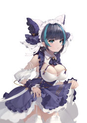 Rule 34 | 1girl, absurdres, animal ears, apron, aqua eyes, azur lane, black hair, blush, breasts, cheshire (azur lane), cleavage, detached sleeves, dress, earrings, frilled hairband, frilled headband, frilled ribbon, frills, garter straps, hairband, highres, jewelry, large breasts, lifting own clothes, looking at viewer, maid, maid headdress, multicolored hair, puffy detached sleeves, puffy sleeves, purple apron, ribbon, simple background, smile, solo, streaked hair, thighhighs, white background, white thighhighs, wrist cuffs, yushan liang sheng
