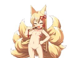 1girl :d animal_ear_fluff animal_ears blonde_hair blush bmp-to-png_conversion censored chest_tattoo closed_eyes completely_nude cowboy_shot eyeshadow fang flat_chest folding_fan fox_ears fox_girl fox_tail game_cg hair_between_eyes hand_fan hand_on_own_hip happy holding holding_fan jingai_modoki kitsune loli lolibaba long_hair makeup mon-musu_quest! monster_girl mosaic_censoring multiple_tails navel neck_tattoo nipples non-web_source nude open_mouth pussy red_eyeshadow simple_background smile solo tail tamamo_(mon-musu_quest!) tattoo transparent_background