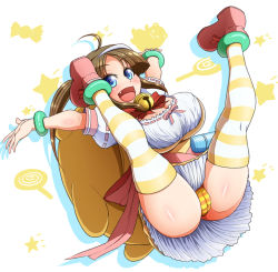Rule 34 | 10s, 1girl, ahoge, ass, backpack, bag, bell, blue eyes, blush, bracelet, breasts, brown hair, cameltoe, dress, fang, female focus, hairband, jewelry, jingle bell, large breasts, legs, minori (senran kagura), open mouth, panties, ponponmaru, senran kagura, senran kagura shinovi versus, shiny skin, simple background, skirt, smile, solo, striped clothes, striped panties, striped thighhighs, thighhighs, twintails, underwear