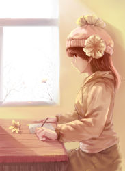 Rule 34 | 1girl, absurdres, beanie, brown hair, hat, highres, hmniao, holding, leaf, left-handed, long hair, original, pencil, red eyes, sitting, solo, window