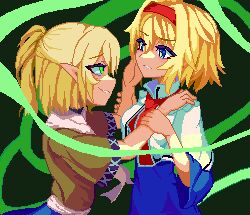 Rule 34 | 2girls, alice margatroid, blonde hair, blue dress, blue eyes, brodall pixel, brown shirt, capelet, dress, evil smile, glaring, glowing, glowing eyes, green background, green eyes, hairband, looking at another, mizuhashi parsee, multiple girls, pixel art, pointy ears, puffy sleeves, red hairband, scarf, shirt, short hair, smile, touhou, upper body, white capelet, white scarf, yuri