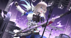 Rule 34 | 1girl, absurdres, amplifier, asymmetrical gloves, black dress, black gloves, blonde hair, blue hair, breasts, chinese commentary, commentary request, cymbals, detached sleeves, dress, drum, drum set, gloves, gradient background, gradient hair, green eyes, guitar, highres, holding, holding instrument, honkai: star rail, honkai (series), indoors, instrument, lightning, long hair, medium breasts, microphone, microphone stand, mismatched gloves, multicolored clothes, multicolored dress, multicolored hair, music, open mouth, partially fingerless gloves, playing instrument, plectrum, purple background, serval landau, singing, smile, solo, stage lights, sye-, upper body, white dress