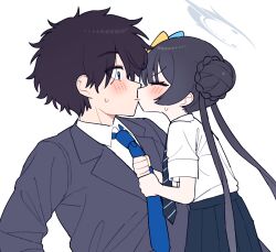 1boy 1girl black_hair black_skirt blue_archive blue_eyes blue_necktie blush braid braided_bun butterfly_hair_ornament closed_eyes collared_shirt commentary couple formal from_side grey_halo grey_suit hair_bun hair_ornament halo hetero highres je_o_mo kisaki_(blue_archive) long_hair necktie pleated_skirt sensei_(blue_archive) shirt short_hair skirt striped_necktie suit surprised twintails white_shirt