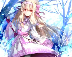 Rule 34 | 1girl, ainu clothes, bare tree, black pantyhose, blonde hair, bow, closed mouth, commentary request, fate/grand order, fate (series), fingerless gloves, gloves, hair between eyes, hair bow, hairband, hand up, head tilt, highres, illyasviel von einzbern, long hair, long sleeves, pantyhose, pekerika, pink bow, pink ribbon, purple gloves, red eyes, ribbon, sitonai (fate), smile, solo, standing, sword, tree, very long hair, weapon, white hairband, wide sleeves