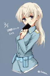 Rule 34 | 1girl, bad id, bad twitter id, blonde hair, card, dated, eila ilmatar juutilainen, grin, kodamari, long hair, long sleeves, military, military uniform, pantyhose, playing card, purple eyes, smile, solo, strike witches, twitter username, uniform, world witches series