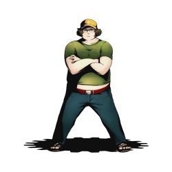 Rule 34 | 10s, 1boy, alpha transparency, belt, brown eyes, brown hat, collarbone, crossed arms, divine gate, full body, glasses, green shirt, hashida itaru, hat, looking at viewer, male focus, official art, shadow, shirt, short sleeves, solo, steins;gate, transparent background, ucmm, visor cap, yellow hat