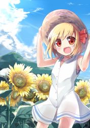 Rule 34 | 1girl, alternate costume, arms up, blonde hair, blue sky, cloud, day, dress, fang, field, flower, flower field, hair ribbon, hand on headwear, hat, highres, looking at viewer, mountain, open mouth, red eyes, ribbon, rumia, sky, sleeveless, sleeveless dress, smile, solo, soramuko, straw hat, sunflower, sunflower field, touhou, white dress