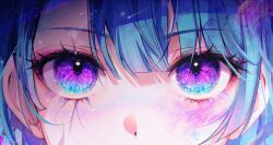 Rule 34 | 1girl, 58 (opal 00 58), absurdres, bad id, bad twitter id, blue eyes, blue hair, chromatic aberration, commentary, cropped, english commentary, eye focus, eyelashes, eyeliner, gradient hair, hair between eyes, highres, looking at viewer, makeup, multicolored eyes, multicolored hair, original, pink eyeliner, pink hair, purple eyes, purple hair, short hair, solo, straight-on, upper body