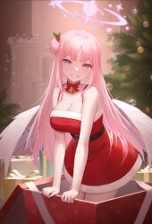 Rule 34 | 1girl, absurdres, bell, blue archive, box, breasts, christmas, christmas tree, cleavage, collarbone, gift, gift box, hair bun, hair ornament, halo, highres, holly hair ornament, indoors, large breasts, long hair, looking at viewer, mika (blue archive), neck bell, pink hair, pink halo, santa costume, single hair bun, single side bun, smile, solo, thighs, white wings, wings, yellow eyes, yinghuahua