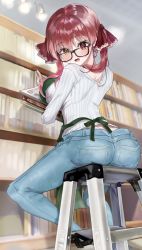 Rule 34 | 1girl, apron, artist request, ass, blush, bookshelf, breast press, breasts, butt crack, casual, denim, from behind, glasses, hair ribbon, heterochromia, highres, hololive, houshou marine, huge ass, jeans, ladder, large breasts, long hair, looking at viewer, open mouth, orange eyes, pants, red eyes, red hair, ribbon, shadow, shiny clothes, shiny skin, sitting, solo, stepladder, sweatdrop, twintails, virtual youtuber