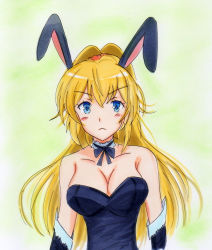 Rule 34 | 1girl, animal ears, blonde hair, blue eyes, blush, breasts, cleavage, collarbone, fake animal ears, green background, highres, large breasts, playboy bunny, potekite, rabbit ears, regalia the three sacred stars, simple background, solo, two-tone background, white background, yuinshiel asteria