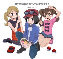 Rule 34 | 1boy, 2girls, :d, :o, arm up, blonde hair, blue jacket, boots, bracelet, calem (pokemon), collared shirt, commentary request, creatures (company), dated, eyelashes, eyewear on headwear, food, game freak, green eyes, grey eyes, hat, highres, index finger raised, jacket, jewelry, long hair, multiple girls, nintendo, open mouth, pants, pink footwear, pink shirt, pleated skirt, poke ball, poke ball (basic), pokedex, pokemon, pokemon xy, ponytail, red headwear, sana (37pisana), serena (pokemon), shauna (pokemon), shirt, shoes, short sleeves, shorts, skirt, smile, sunglasses, teeth, tongue, translation request, turtleneck, turtleneck jacket, upper teeth only