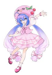 Rule 34 | 1girl, 7takada, :d, ahoge, arm up, blue eyes, blue hair, bow, braid, cherry blossoms, eel hat, fang, floral print, fruit hat ornament, full body, gradient hair, hair bow, hat, highres, long hair, looking at viewer, low-braided long hair, low-tied long hair, multicolored hair, open mouth, otomachi una, outstretched arms, pink footwear, pink hair, pink hat, pink skirt, pink socks, pink vest, puffy short sleeves, puffy sleeves, ribbon-trimmed socks, ribbon trim, sakura una, shoes, short sleeves, sidelocks, simple background, skirt, smile, socks, solo, spread arms, standing, standing on one leg, twin braids, twintails, two-tone hair, very long hair, vest, vocaloid, white background, white bow, wrist cuffs