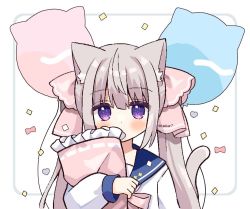 Rule 34 | 1girl, animal ear fluff, animal ears, balloon, blue sailor collar, blush, bow, cat ears, cat girl, cat tail, commentary request, confetti, covered mouth, dress, frilled pillow, frills, grey background, grey hair, hair between eyes, hair ribbon, heart, long hair, long sleeves, nakkar, hugging object, original, pillow, pillow hug, pink bow, pink ribbon, puffy long sleeves, puffy sleeves, purple eyes, ribbon, sailor collar, sleeves past wrists, solo, tail, tail raised, twintails, twitter username, two-tone background, upper body, very long hair, white background, white dress