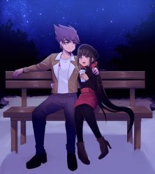 Rule 34 | 1boy, 1girl, :d, alternate costume, ankle boots, bench, black footwear, black pantyhose, blunt bangs, boots, brown jacket, cele (310v3), commentary, commission, couple, danganronpa (series), danganronpa v3: killing harmony, facial hair, full body, hair ornament, hair scrunchie, hand on another&#039;s hip, hand on another&#039;s shoulder, harukawa maki, hetero, high heel boots, high heels, highres, jacket, long hair, looking at another, low twintails, mole, mole under eye, momota kaito, night, night sky, open mouth, outdoors, pants, pantyhose, pencil skirt, pink hair, purple hair, purple pants, red scrunchie, red skirt, scrunchie, shirt, shoes, sitting, skirt, sky, smile, spiked hair, star (sky), starry sky, tree, twintails, twitter username, white shirt, wooden bench