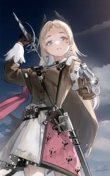 Rule 34 | 1girl, absurdres, ammunition belt, arknights, blue eyes, closed mouth, dress, gloves, gun, hair between eyes, highres, holding, holding gun, holding sword, holding weapon, irene (arknights), long hair, looking at viewer, scabbard, scar, scar on face, sheath, smile, solo, sword, weapon, welt (kinsei koutenkyoku), white hair