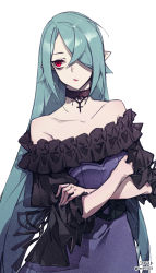 Rule 34 | 1girl, :/, bare shoulders, black choker, black dress, blue hair, character name, choker, closed mouth, collarbone, commentary request, crossed arms, daliyang, dress, first-chan (loalo), hair over one eye, highres, long hair, off-shoulder dress, off shoulder, one eye covered, original, pointy ears, purple dress, red eyes, simple background, solo, upper body, very long hair, white background