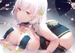 Rule 34 | 1girl, absurdres, all fours, alternate costume, ass, azur lane, braid, breast curtains, breasts, cherry blossoms, cleavage, commentary request, cotton kanzaki, dutch angle, expressionless, flower, french braid, hair flower, hair ornament, highres, large breasts, looking at viewer, lying, on stomach, parted lips, pink eyes, reflection, reflective floor, revealing clothes, short hair, side braid, side slit, sirius (azur lane), sirius (azure horizons) (azur lane), solo, white hair