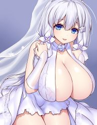 Rule 34 | 1girl, areola slip, asamura hiori, azur lane, blue eyes, breasts, bridal veil, cleavage, cleavage cutout, clothing cutout, dress, flower, hair ribbon, highres, huge breasts, illustrious (azur lane), illustrious (morning star of love and hope) (azur lane), looking at viewer, low twintails, mole, mole under eye, purple background, ribbon, rose, standing, tress ribbon, tri tails, twintails, veil, wedding dress, white flower, white hair, white rose, wrist cuffs