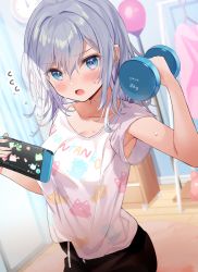Rule 34 | 1girl, :o, arm up, armpit peek, bare arms, blue eyes, blush, breasts, carpet, cleavage, clock, clothes writing, collarbone, commentary request, cowboy shot, dumbbell, exercising, flying sweatdrops, highres, indoors, kanda done, long hair, looking at viewer, medium breasts, nintendo switch, open mouth, original, print shirt, shirt, silver hair, solo, sweat, weightlifting, white shirt