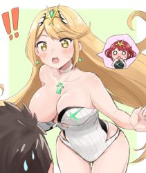 Rule 34 | 1boy, 1girl, 2girls, :o, bare shoulders, black hair, blonde hair, blush, breasts, breasts out, brown hair, chibi, cleavage, cleavage cutout, clothing cutout, competition swimsuit, dual persona, earrings, embarrassed, gem, gloves, hair ornament, headpiece, jewelry, large breasts, long hair, madanai (morisumeshi), multiple girls, mythra (radiant beach) (xenoblade), mythra (xenoblade), nintendo, one-piece swimsuit, one breast out, open mouth, pyra (pro swimmer) (xenoblade), pyra (xenoblade), red eyes, red hair, rex (xenoblade), shiny skin, short hair, simple background, strapless, strapless one-piece swimsuit, surprised, sweat, sweatdrop, swept bangs, swimsuit, thought bubble, tiara, very long hair, wardrobe malfunction, white one-piece swimsuit, xenoblade chronicles (series), xenoblade chronicles 2, yellow eyes