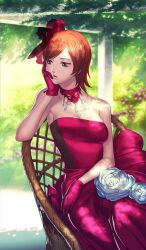 1girl bare_shoulders breasts brown_eyes choker cleavage collar collarbone commentary dress dress_flower earrings fate/accel_zero_order fate/grand_order fate/zero fate_(series) flower gloves hand_on_own_face hat jewelry medium_breasts medium_hair official_art orange_hair outdoors red_choker red_collar red_dress red_gloves red_hat sakamoto_mineji sitting sola-ui_nuada-re_sophia-ri solo strapless strapless_dress third-party_source white_flower