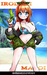 Rule 34 | 1girl, absurdres, alternate costume, beach, bikini, blush, breasts, brown hair, camouflage, camouflage jacket, character name, cleavage, collarbone, commentary request, dog tags, hair ornament, highres, indie virtual youtuber, irodori mayoi, jacket, large breasts, long hair, looking at viewer, navel, ocean, palm tree, sand, scar, scar on face, sky, solo, swimsuit, translation request, tree, virtual youtuber, water gun, zebrablack