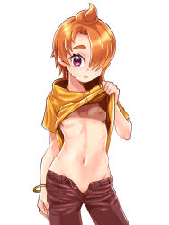 Rule 34 | 1girl, black pants, bracelet, breasts, clothes lift, cowboy shot, genderswap, genderswap (mtf), groin, hair over one eye, highres, hirogaru sky! precure, jewelry, lifting own clothes, looking at viewer, navel, open fly, open mouth, orange hair, osamu yagi, pants, precure, purple eyes, shirt, shirt lift, short sleeves, simple background, small breasts, solo, stomach, sweat, thick eyebrows, white background, yellow shirt, yuunagi tsubasa