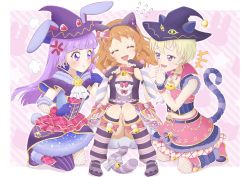 Rule 34 | 3girls, :d, aikatsu!, aikatsu! (series), animal ears, blonde hair, blunt bangs, blush, cat bell, cat ears, cat tail, closed eyes, closed mouth, costume, dress, fangs, fingerless gloves, gloves, hand to own mouth, hat, hattori yu, headband, highres, hikami sumire, laughing, long hair, multiple girls, ozora akari, open mouth, orange hair, penfish323, pout, purple eyes, purple hair, rabbit ears, rabbit tail, short hair, sitting, sitting on person, sleeveless, sleeveless dress, smile, tail, witch hat