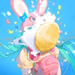 Rule 34 | 1girl, animal ears, animal hood, aqua hair, blue background, blue bow, bow, candy, character request, check character, food, gloves, hatsune miku, highres, hood, in the face, long hair, own hands together, pie, pie in face, puffy short sleeves, puffy sleeves, rabbit ears, rabbit hood, red gloves, rumoon, short sleeves, simple background, solo, twintails, upper body, very long hair, vocaloid