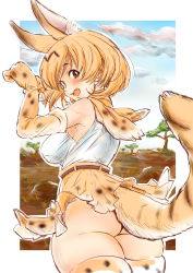 Rule 34 | 10s, 1girl, animal ears, ass, bare shoulders, blonde hair, blush, breasts, brown eyes, extra ears, i plin, kemono friends, large breasts, looking back, open mouth, serval (kemono friends), serval tail, short hair, skirt, smile, solo, tail, thick thighs, thighs, upskirt