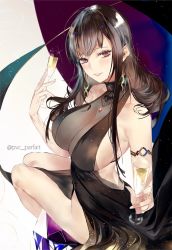 Rule 34 | 1girl, ahoge, alcohol, armlet, bare shoulders, blunt bangs, blush, breasts, brown hair, champagne, champagne flute, cleavage, cup, dress, drinking glass, dsr-50 (girls&#039; frontline), dsr-50 (highest bid) (girls&#039; frontline), earrings, evening gown, gem, girls&#039; frontline, giving, glint, gold, hair ornament, holding, holding cup, jewelry, large breasts, long hair, looking at viewer, official alternate costume, parted lips, pvc parfait, red eyes, red gemstone, sidelocks, smile, solo, thighs, twitter username, very long hair