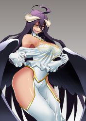Rule 34 | 1girl, :d, ahoge, albedo (overlord), bare shoulders, black hair, black wings, bnc (bunshi), breasts, cleavage, cowboy shot, demon girl, demon horns, dress, female focus, gloves, gradient background, grin, highres, hip vent, horns, large breasts, long hair, looking at viewer, naughty face, open mouth, overlord (maruyama), smile, solo, thick thighs, thighs, white dress, white gloves, wide hips, wings, yellow eyes