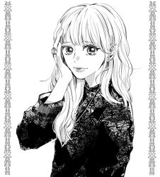 Rule 34 | 1girl, casual, closed mouth, commentary, ear piercing, earrings, greyscale, hair over shoulder, hand on own head, jewelry, lace, lace-trimmed shirt, lace trim, lips, long hair, long sleeves, looking at viewer, mole, mole under mouth, monochrome, nose, original, piercing, ring, saitou shiori (pixiv14549321), shirt, simple background, single earring, sleeves past elbows, solo, stud earrings, upper body