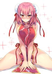 Rule 34 | 1girl, absurdres, blush, breasts, bun cover, double bun, flower, hair between eyes, hair bun, hair ribbon, highres, ibaraki kasen, koikawa minoru, large breasts, looking at viewer, naked tabard, nose blush, pink flower, pink hair, pink rose, red eyes, red ribbon, ribbon, rose, simple background, sitting, solo, sparkle, spread legs, tabard, thighs, touhou, v arms, white background