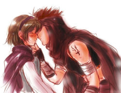 Rule 34 | 1boy, 1girl, age difference, assassin (fire emblem), blush, brown hair, cape, child, cloak, closed eyes, couple, fingerless gloves, fire emblem, fire emblem: the blazing blade, gloves, grabbing another&#039;s chin, green hair, hairband, hetero, imminent kiss, jaffar, jaffar (fire emblem), kiss, nino (fire emblem), nintendo, red hair, short hair, simple background, tattoo, white background