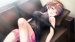 Rule 34 | 1girl, baldr heart, bare shoulders, blush, breasts, brown hair, couch, covered erect nipples, game cg, green eyes, haikai giga, hinooka shuuji, indoors, large breasts, light rays, looking at viewer, lying, minagishi yuri, miniskirt, nipples, no bra, on back, on couch, open mouth, pillow, pink skirt, see-through, short hair, skirt, solo, strap slip, sunbeam, sunlight, sweat, teeth