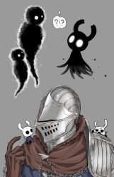 Rule 34 | ?, arizuka (catacombe), armor, brown gloves, chain, commentary request, dark souls (series), dark souls i, ghost, gloves, glowing, glowing eyes, grey background, hand up, helm, helmet, highres, hollow knight, humanity (dark souls), knight (hollow knight), looking at another, shade (hollow knight), spoken question mark, sweatdrop, upper body, weapon, white eyes, zote