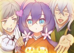 Rule 34 | 1girl, 2boys, ahoge, blue eyes, blush, brown hair, candle, character request, copyright request, closed eyes, facing another, flower, grey hair, hair flower, hair ornament, heart, long hair, looking at another, looking at viewer, multiple boys, open mouth, parted lips, purple hair, short hair, smile, tansan daisuki, twintails