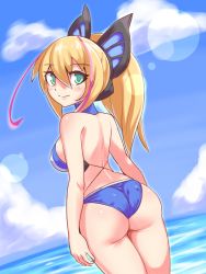 Rule 34 | 1girl, ass, azure striker gunvolt, bare shoulders, bikini, blonde hair, blush, breasts, bug, butterfly, butterfly hair ornament, cougar (cougar1404), from behind, green eyes, hair ornament, insect, large breasts, long hair, looking at viewer, looking back, lumen (gunvolt), multicolored hair, pink hair, ponytail, shiny skin, sideboob, skindentation, smile, solo, swimsuit, wedgie