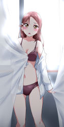 Rule 34 | 1girl, :o, absurdres, bare shoulders, blush, breasts, cleavage, hair ornament, highres, huge filesize, long hair, looking at viewer, love live!, love live! sunshine!!, md5 mismatch, medium breasts, navel, open mouth, red hair, resolution mismatch, sakurauchi riko, skirt, solo, thighs, underwear, yellow eyes, yopparai oni