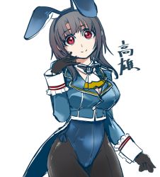 Rule 34 | 1girl, adapted costume, animal ears, black gloves, black hair, black pantyhose, blue jacket, blue leotard, bow, bowtie, breasts, character name, cleavage, covered navel, cowboy shot, detached collar, fake animal ears, gloves, hair between eyes, jacket, kantai collection, large breasts, leotard, long sleeves, looking at viewer, pantyhose, playboy bunny, rabbit ears, red eyes, short hair, simple background, solo, tailcoat, takao (kancolle), udukikosuke, white background, wing collar