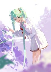 Rule 34 | 1girl, :d, clothes writing, day, flower, from side, green eyes, green hair, hair over shoulder, hair ribbon, tucking hair, hands up, hatsune miku, highres, jiu ye sang, kneehighs, leaning forward, long hair, looking at viewer, looking to the side, miniskirt, nature, neckerchief, open mouth, purple flower, purple theme, red neckerchief, red ribbon, ribbon, school uniform, serafuku, sidelocks, skirt, skirt set, smile, socks, solo, standing, twintails, very long hair, vocaloid, white serafuku, white skirt, white socks