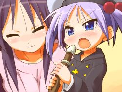 Rule 34 | 00s, age difference, aged down, blue eyes, blush, child, closed eyes, flute, hat, hiiragi kagami, hiiragi miki, holding flute, holding instrument, instrument, lucky star, mother and daughter, oekaki, purple hair, recorder, tsurime