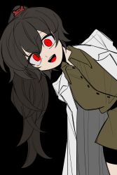 Rule 34 | 1girl, 69 ronku, arms behind back, black background, brown hair, carmen (project moon), coat, green shirt, hair ornament, high ponytail, highres, lab coat, leaning to the side, lobotomy corporation, long hair, looking at viewer, project moon, red eyes, shirt, solo, very long hair, white coat