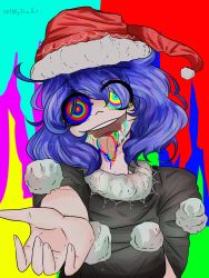 Rule 34 | :d, :p, bad id, bad twitter id, blue hair, doremy sweet, drugs, hat, highres, milkyteaart, multicolored background, multicolored eyes, open mouth, red hat, self-upload, smile, solo, tongue, tongue out