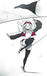Rule 34 | 1girl, absurdres, bandaged hand, bandages, black shorts, black thighhighs, breasts, cleavage, closed eyes, cropped jacket, foreshortening, goggles, goggles on head, greyscale, hand gesture, highres, light blush, long sleeves, medium breasts, monochrome, motion blur, motion lines, multiple views, navel, niwamaru (niwarhythm), niwarhythm, original, pants, pink eyes, pink trim, shadow, shiny skin, short shorts, shorts, smile, solo, sparkle, spot color, standing, standing on one leg, strapless, thick thighs, thigh focus, thighhighs, thighs, torn clothes, torn pants, tube top, underboob, white footwear, white hair