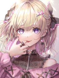 Rule 34 | 1girl, black bow, blonde hair, blouse, bow, choker, commentary request, ear piercing, earrings, finger in own mouth, frilled bow, frills, hair between eyes, hair bow, heart, heart-shaped pupils, heart o-ring, highres, jewelry, lace, light blush, lips, looking at viewer, medium hair, original, piercing, pink shirt, purple eyes, ring, shironeko yuuki, shirt, solo, standing, swept bangs, symbol-shaped pupils, upper body
