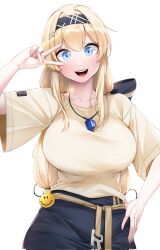 Rule 34 | 1girl, akchu, back bow, belt, blonde hair, blue eyes, bow, breasts, collarbone, cowboy shot, hair between eyes, hairband, hand on own hip, head tilt, highres, jewelry, large breasts, long hair, looking at viewer, loose clothes, loose shirt, low-tied long hair, necklace, open mouth, original, shirt, short sleeves, simple background, skirt, smile, smiley face, solo, straight-on, twintails, v over eye, white background